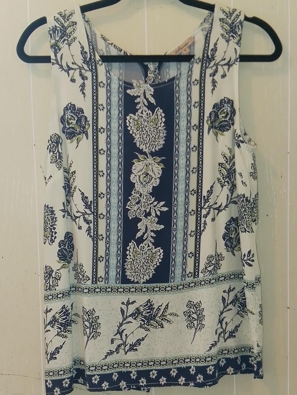 Sleeveless Top - Floral Border Print Button Down Back - Navy & White